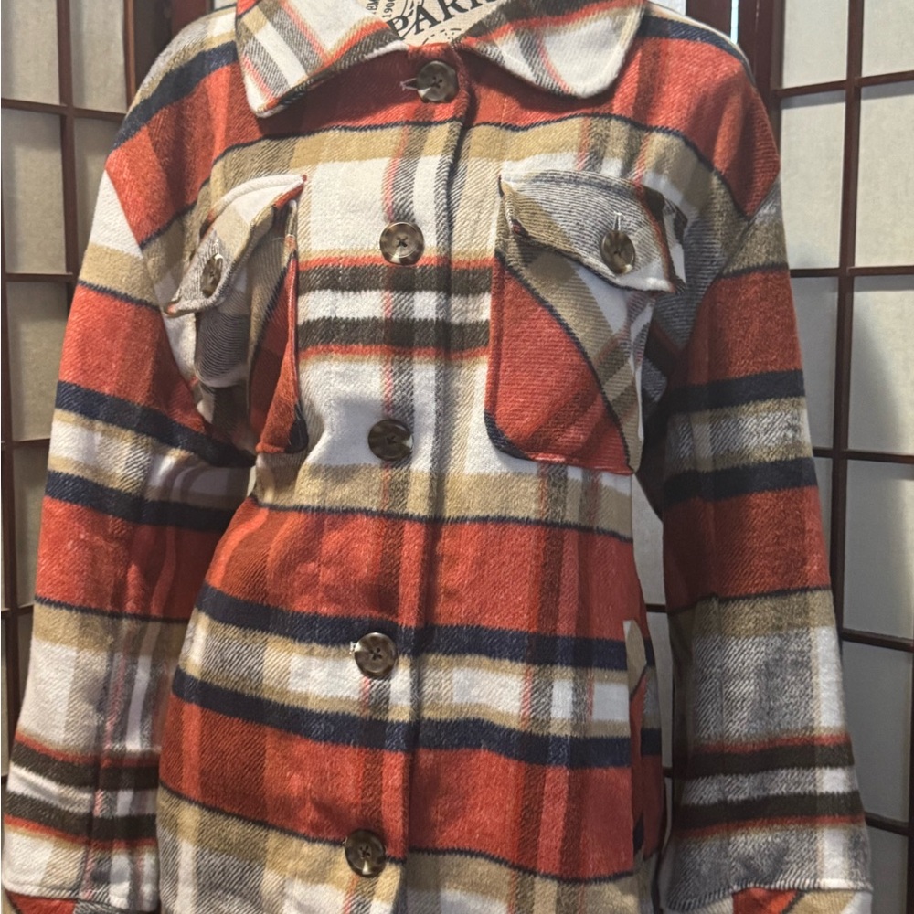 Kensie orange dark blue & white button up Plaid Utility Jacket